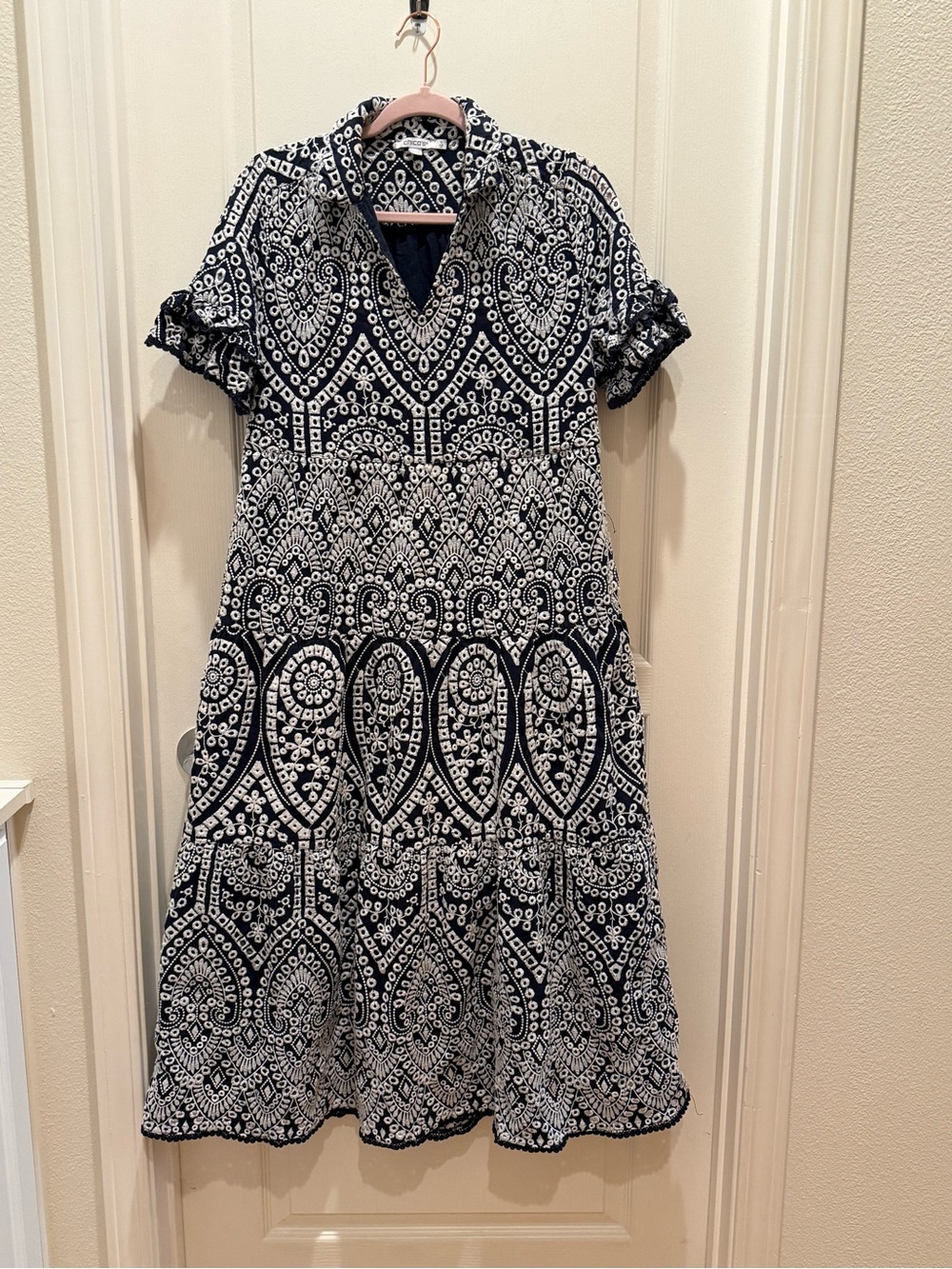 Chico's Navy and White Eyelet Embroidered Midi Shirt Dress